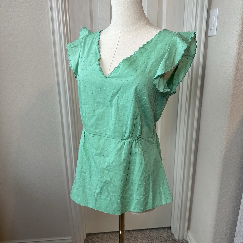 J Crew‎ 100% Cotton Blouse Green Swiss Dot Scalloped Ruffle Casual Top Sz 2 NWT